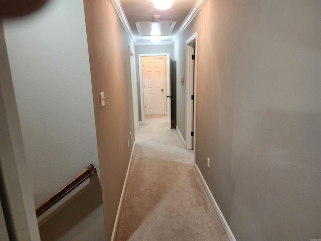 3165 Majestic Cir, Conway, AR 72034 - hall featuring light carpet, attic access, crown molding, and an upstairs landing