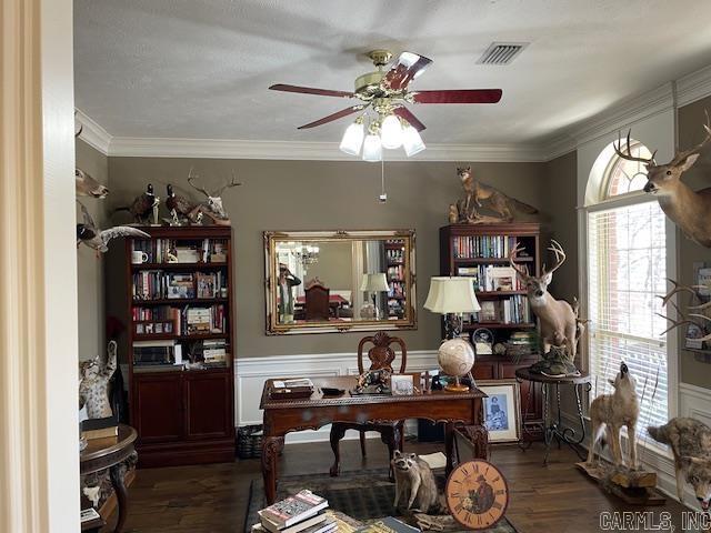 3165 Majestic Cir, Conway, AR 72034 - office area with ceiling fan, wood finished floors, a wainscoted wall, and ornamental molding