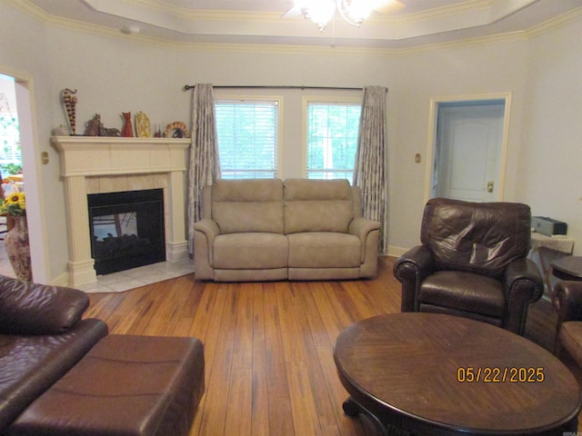 145 Eagles Nest Cv, Austin, AR 72007 - living area featuring crown molding, a tray ceiling, wood-type flooring, ceiling fan, and a fireplace