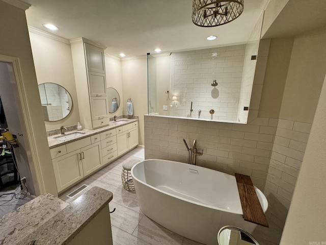 304 Quail Creek Rd, Hot Springs National Park, AR 71901 - full bathroom with a soaking tub, double vanity, recessed lighting, crown molding, and walk in shower
