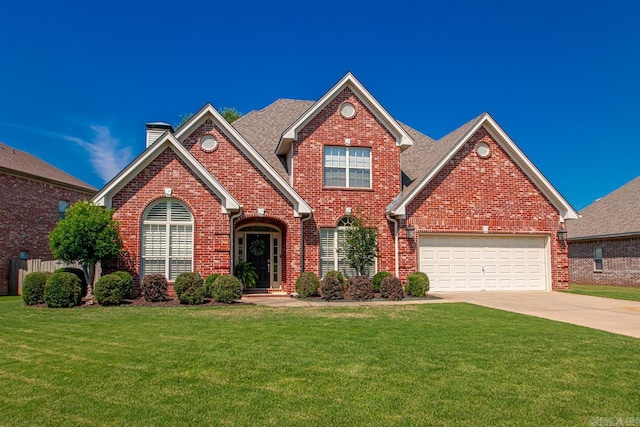 106 Hidden Falls Ln, Maumelle, AR 72113 - traditional home with brick siding, concrete driveway, a front yard, and a chimney