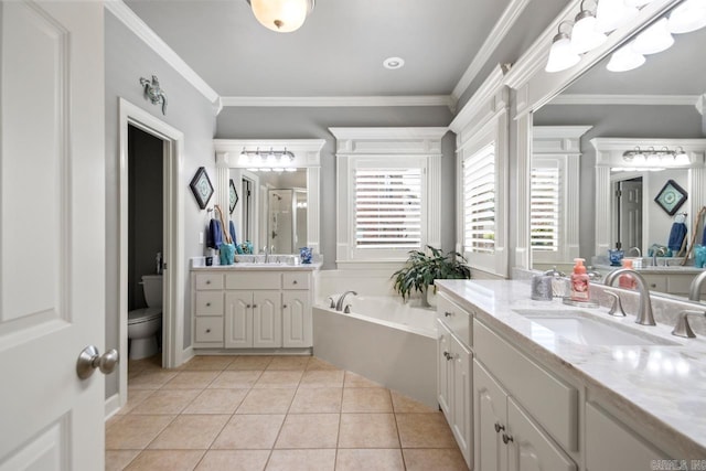 106 Hidden Falls Ln, Maumelle, AR 72113 - full bathroom with vanity, a shower stall, a garden tub, tile patterned floors, and ornamental molding