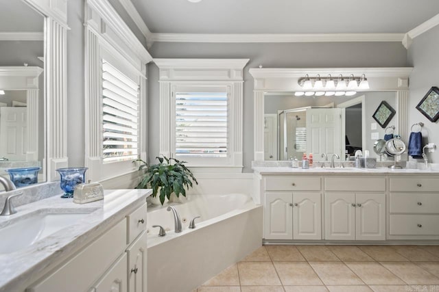 106 Hidden Falls Ln, Maumelle, AR 72113 - bathroom featuring tile patterned flooring, a bath, two vanities, crown molding, and a shower stall