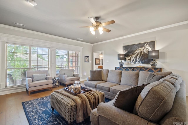 106 Hidden Falls Ln, Maumelle, AR 72113 - living room with ceiling fan, ornamental molding, and wood finished floors