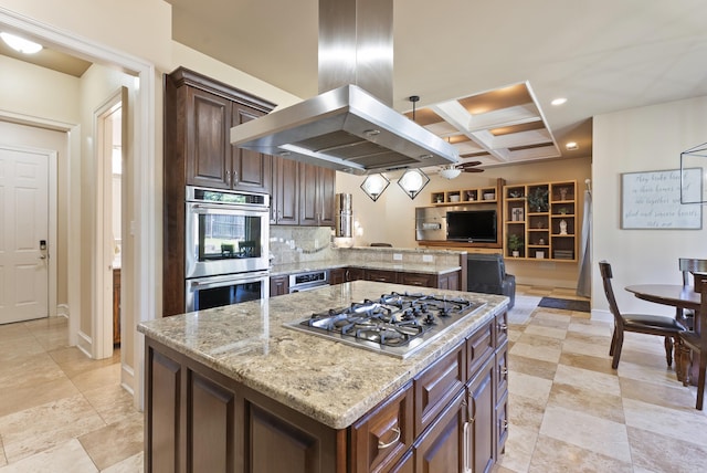 5526 Palisades Cv, Benton, AR 72019 - kitchen featuring island exhaust hood, appliances with stainless steel finishes, coffered ceiling, ceiling fan, and light stone counters