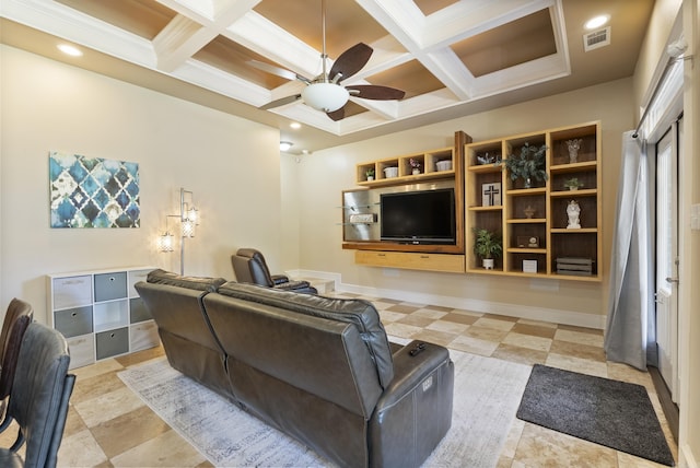 5526 Palisades Cv, Benton, AR 72019 - living room with coffered ceiling, a ceiling fan, and beam ceiling