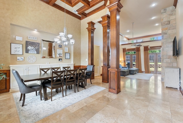 5526 Palisades Cv, Benton, AR 72019 - dining room with decorative columns, a high ceiling, coffered ceiling, ornamental molding, and beamed ceiling