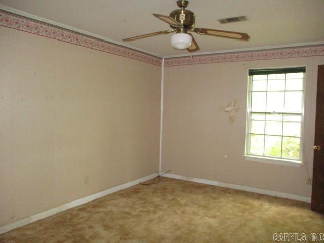 empty room featuring a ceiling fan and light colored carpet