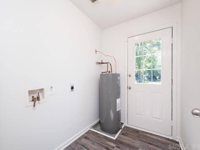 1121 Stewart St, Benton, AR 72015 - laundry area with electric water heater, dark wood finished floors, hookup for an electric dryer, and hookup for a washing machine