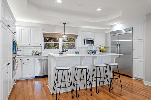 308 Bellaire, Hot Springs, AR 71901 - kitchen featuring appliances with stainless steel finishes, a raised ceiling, light wood-style flooring, a kitchen breakfast bar, and a center island