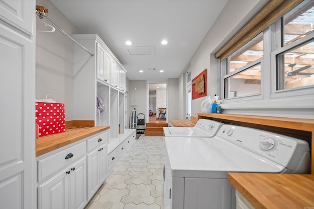 308 Bellaire, Hot Springs, AR 71901 - laundry area with washer and dryer, cabinet space, recessed lighting, attic access, and light tile patterned floors