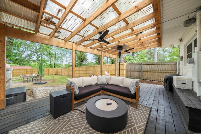 308 Bellaire, Hot Springs, AR 71901 - wooden deck featuring a ceiling fan, an outdoor hangout area, a fenced backyard, outdoor dining space, and area for grilling