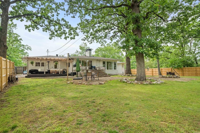 308 Bellaire, Hot Springs, AR 71901 - rear view of house with a fenced backyard, a patio, a chimney, and a pergola