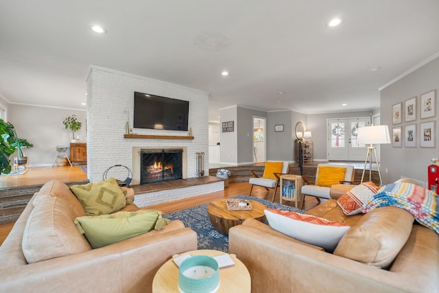 308 Bellaire, Hot Springs, AR 71901 - living area featuring ornamental molding, wood finished floors, recessed lighting, and a fireplace