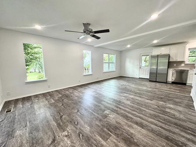 118 Lancaster, Mountain View, AR 72560 - unfurnished living room featuring dark wood finished floors, ceiling fan, and recessed lighting