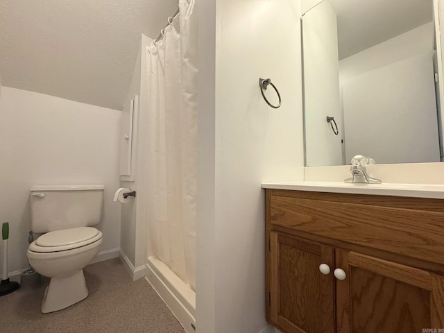 118 Lancaster, Mountain View, AR 72560 - bathroom with vanity, a shower with shower curtain, and lofted ceiling