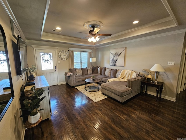 15 Marlin Dr, Austin, AR 72007 - living room with a raised ceiling, crown molding, ceiling fan, dark wood finished floors, and recessed lighting