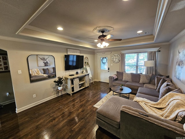 15 Marlin Dr, Austin, AR 72007 - living room with a tray ceiling, crown molding, dark wood finished floors, a ceiling fan, and recessed lighting