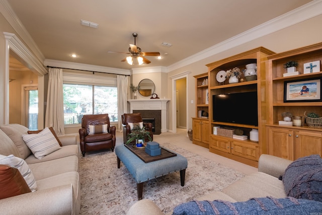 112 Holland Ln, Little Rock, AR 72223 - living room with ornamental molding, light colored carpet, ceiling fan, a premium fireplace, and recessed lighting