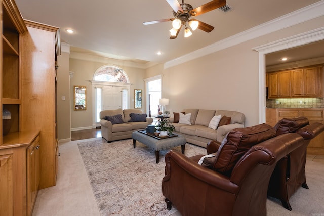 112 Holland Ln, Little Rock, AR 72223 - living area featuring a ceiling fan, ornamental molding, recessed lighting, and light carpet