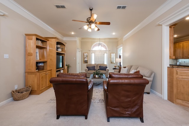 112 Holland Ln, Little Rock, AR 72223 - living area with light colored carpet, ceiling fan, crown molding, and recessed lighting