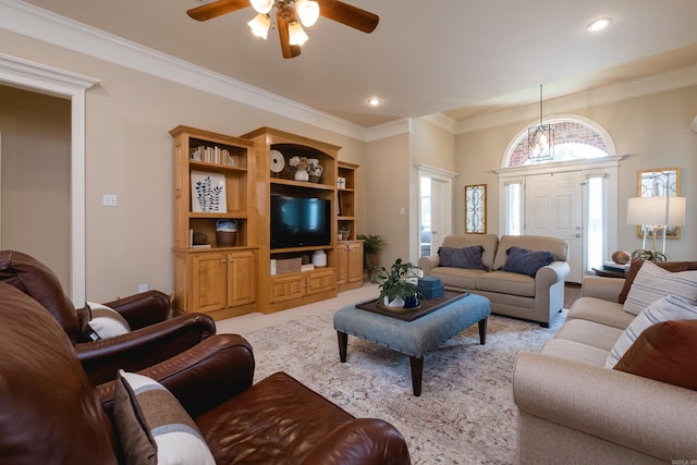 112 Holland Ln, Little Rock, AR 72223 - living room with ceiling fan, recessed lighting, and crown molding