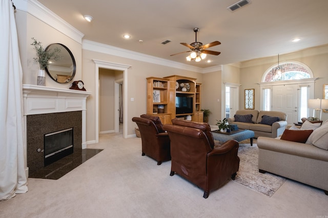 112 Holland Ln, Little Rock, AR 72223 - living room with a tiled fireplace, light carpet, crown molding, a ceiling fan, and recessed lighting