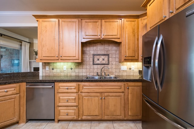112 Holland Ln, Little Rock, AR 72223 - kitchen featuring stainless steel appliances, tile counters, decorative backsplash, and crown molding