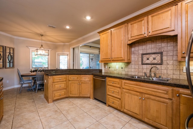 112 Holland Ln, Little Rock, AR 72223 - kitchen with dishwasher, decorative backsplash, light tile patterned floors, crown molding, and a peninsula