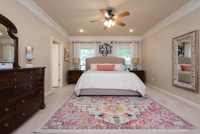 112 Holland Ln, Little Rock, AR 72223 - bedroom with light colored carpet, crown molding, and ceiling fan