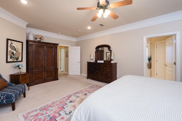 112 Holland Ln, Little Rock, AR 72223 - bedroom featuring light colored carpet, ornamental molding, recessed lighting, and ceiling fan