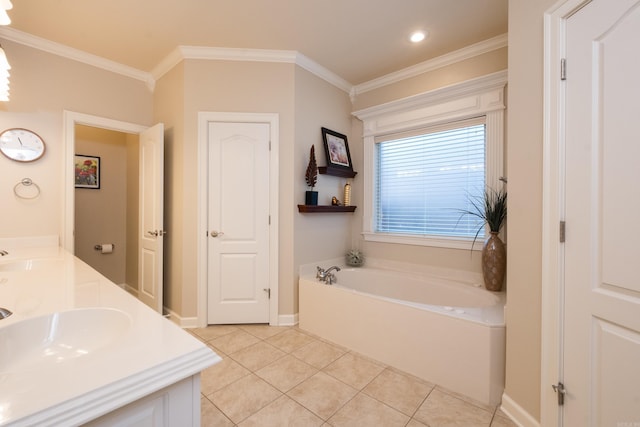 112 Holland Ln, Little Rock, AR 72223 - bathroom featuring double vanity, a bath, tile patterned floors, crown molding, and recessed lighting