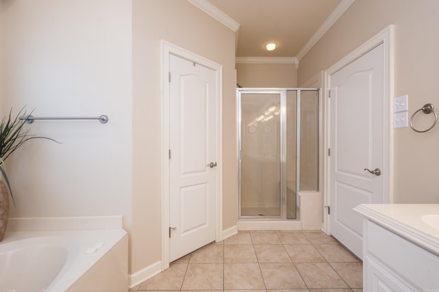 112 Holland Ln, Little Rock, AR 72223 - bathroom featuring a shower stall, ornamental molding, vanity, a bath, and tile patterned floors