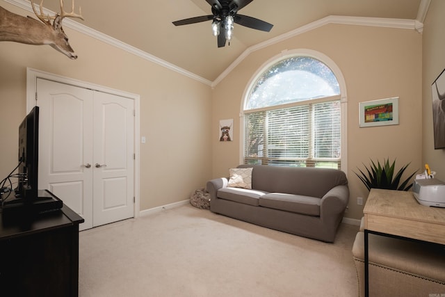 112 Holland Ln, Little Rock, AR 72223 - living area with vaulted ceiling, carpet flooring, a ceiling fan, and ornamental molding