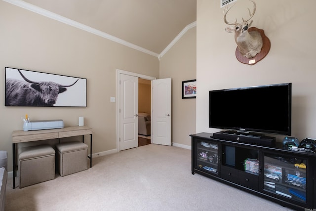 112 Holland Ln, Little Rock, AR 72223 - carpeted living area with crown molding, high vaulted ceiling, and an office area
