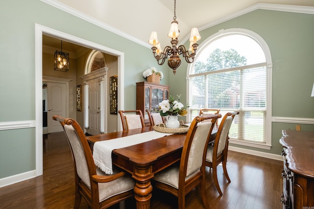 112 Holland Ln, Little Rock, AR 72223 - dining space with a chandelier, vaulted ceiling, dark wood-style floors, and ornamental molding