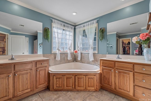 3612 Lexee Dr, Jonesboro, AR 72404 - full bathroom with vanity, a bath, tile patterned floors, and crown molding