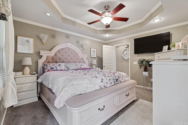 3612 Lexee Dr, Jonesboro, AR 72404 - bedroom featuring carpet floors, a tray ceiling, crown molding, recessed lighting, and a ceiling fan