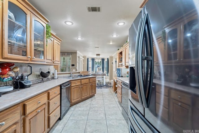 3612 Lexee Dr, Jonesboro, AR 72404 - kitchen with stainless steel refrigerator with ice dispenser, dishwasher, a peninsula, glass insert cabinets, and recessed lighting