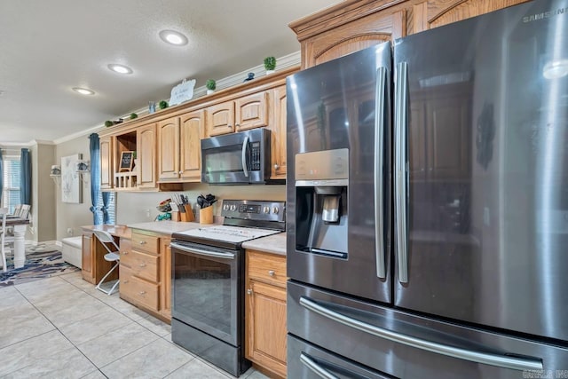 3612 Lexee Dr, Jonesboro, AR 72404 - kitchen featuring stainless steel fridge with ice dispenser, electric range oven, light countertops, ornamental molding, and light tile patterned floors