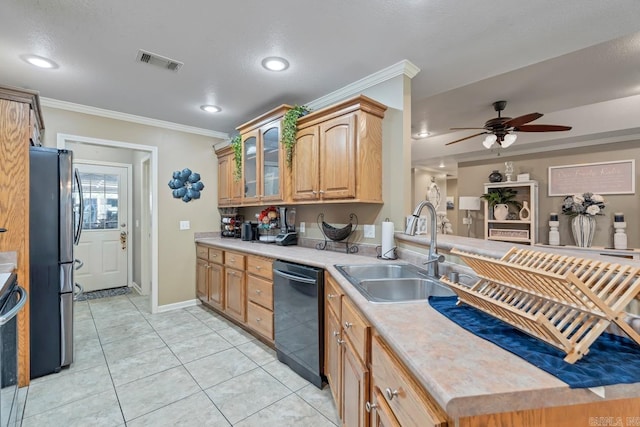 3612 Lexee Dr, Jonesboro, AR 72404 - kitchen with appliances with stainless steel finishes, crown molding, light countertops, glass insert cabinets, and a ceiling fan