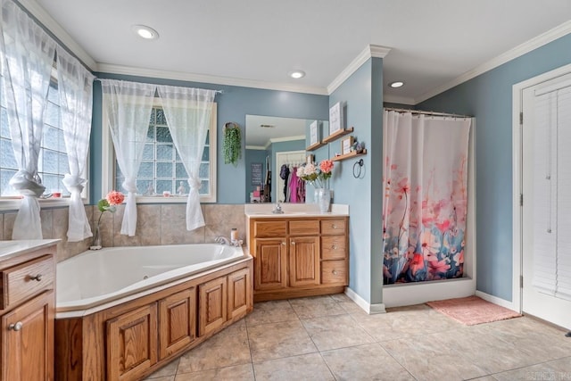 3612 Lexee Dr, Jonesboro, AR 72404 - bathroom featuring crown molding, a jetted tub, vanity, curtained shower, and tile patterned floors
