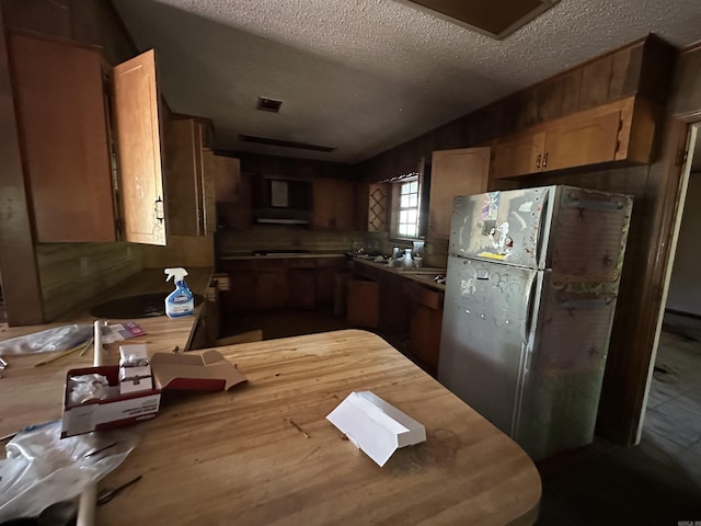 17811 Puckett Rd, Alexander, AR 72002 - kitchen with freestanding refrigerator, a textured ceiling, ventilation hood, lofted ceiling, and light countertops