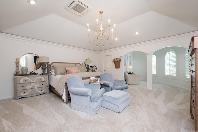 7 Shawbridge Ln, Little Rock, AR 72212 - carpeted bedroom featuring arched walkways, a chandelier, ornamental molding, and vaulted ceiling