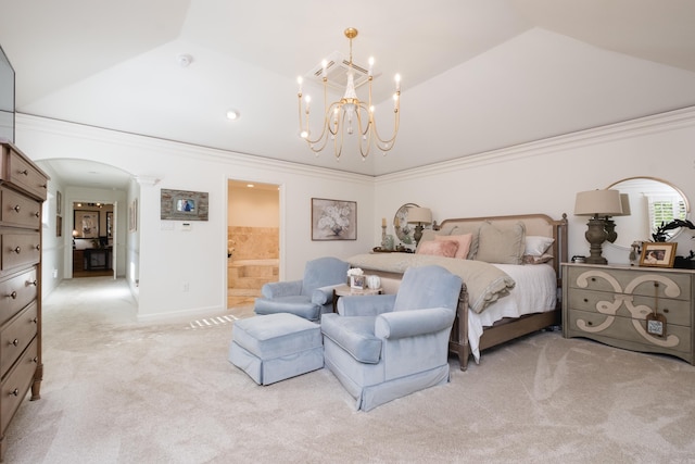 7 Shawbridge Ln, Little Rock, AR 72212 - bedroom featuring arched walkways, light colored carpet, ornamental molding, decorative columns, and a chandelier