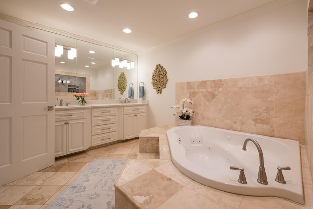 7 Shawbridge Ln, Little Rock, AR 72212 - full bath with double vanity, ornamental molding, a whirlpool tub, and recessed lighting