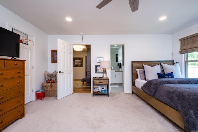 7 Shawbridge Ln, Little Rock, AR 72212 - bedroom featuring light carpet, recessed lighting, ceiling fan, and connected bathroom