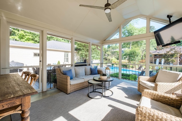 7 Shawbridge Ln, Little Rock, AR 72212 - sunroom / solarium featuring a ceiling fan, lofted ceiling, and outdoor lounge area
