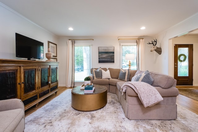 7 Shawbridge Ln, Little Rock, AR 72212 - living room with ornamental molding, healthy amount of natural light, wood finished floors, and recessed lighting
