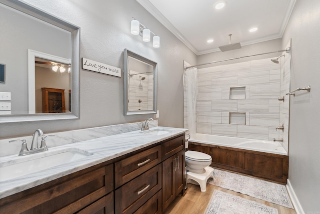 26 Edward Way, Greenbrier, AR 72058 - full bath featuring double vanity, wood finished floors, a combined bath / shower with rainfall shower, ornamental molding, and recessed lighting